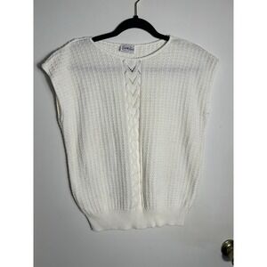 Vintage Cuddle Knit White Pointelle Cable Knit Sweater Vest Top Made in USA L